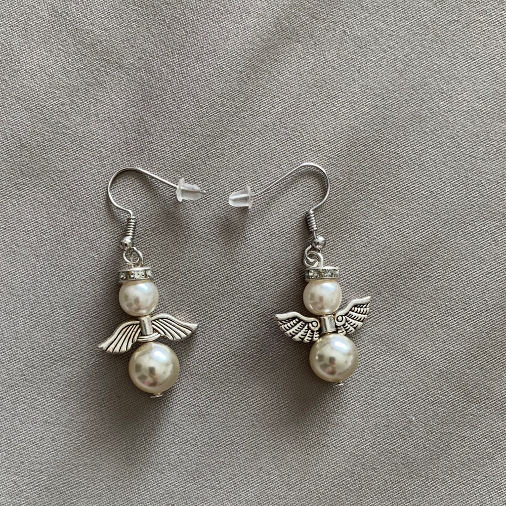 Elegant Silver Angel Wing Pearl Earrings